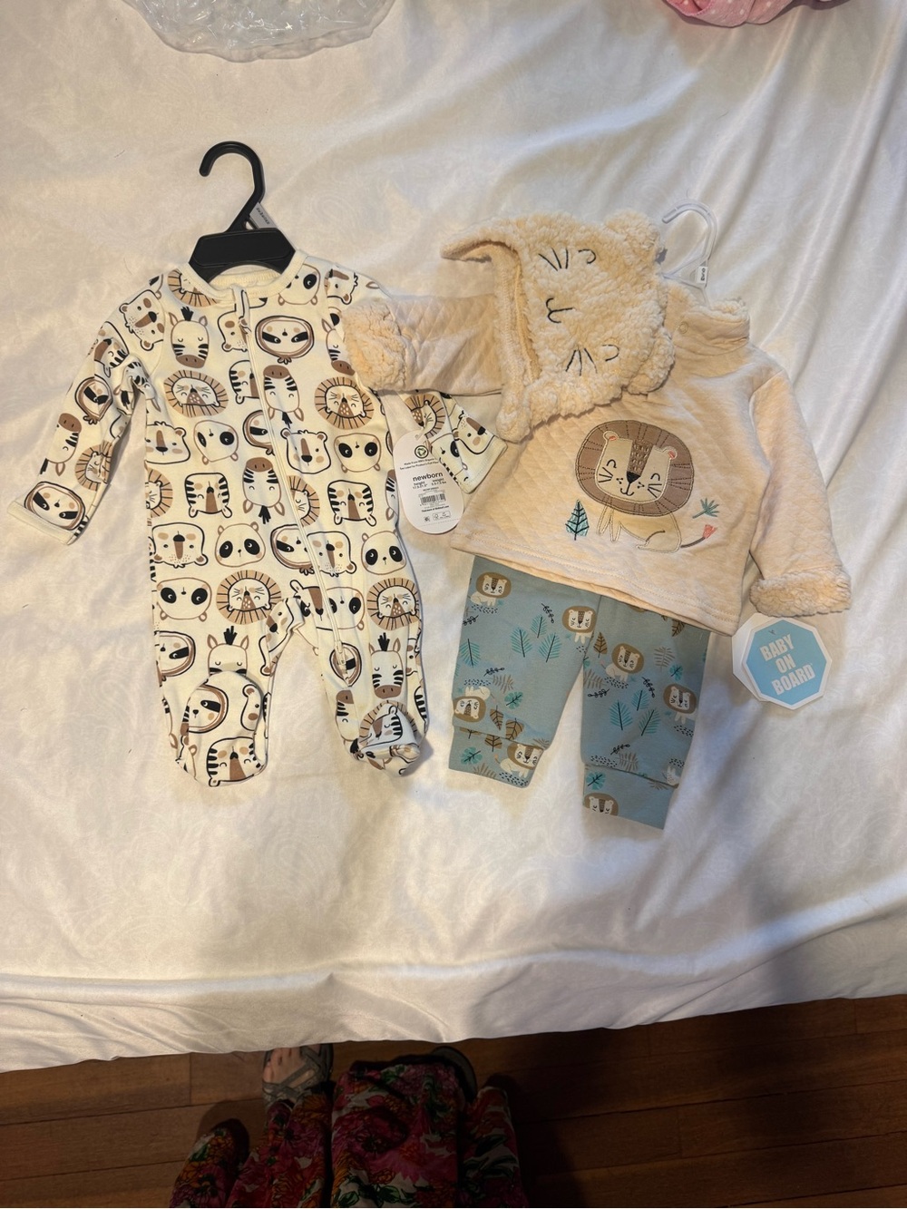 Beige and Blue Lion-Themed Baby One-Piece and Hoodie Set